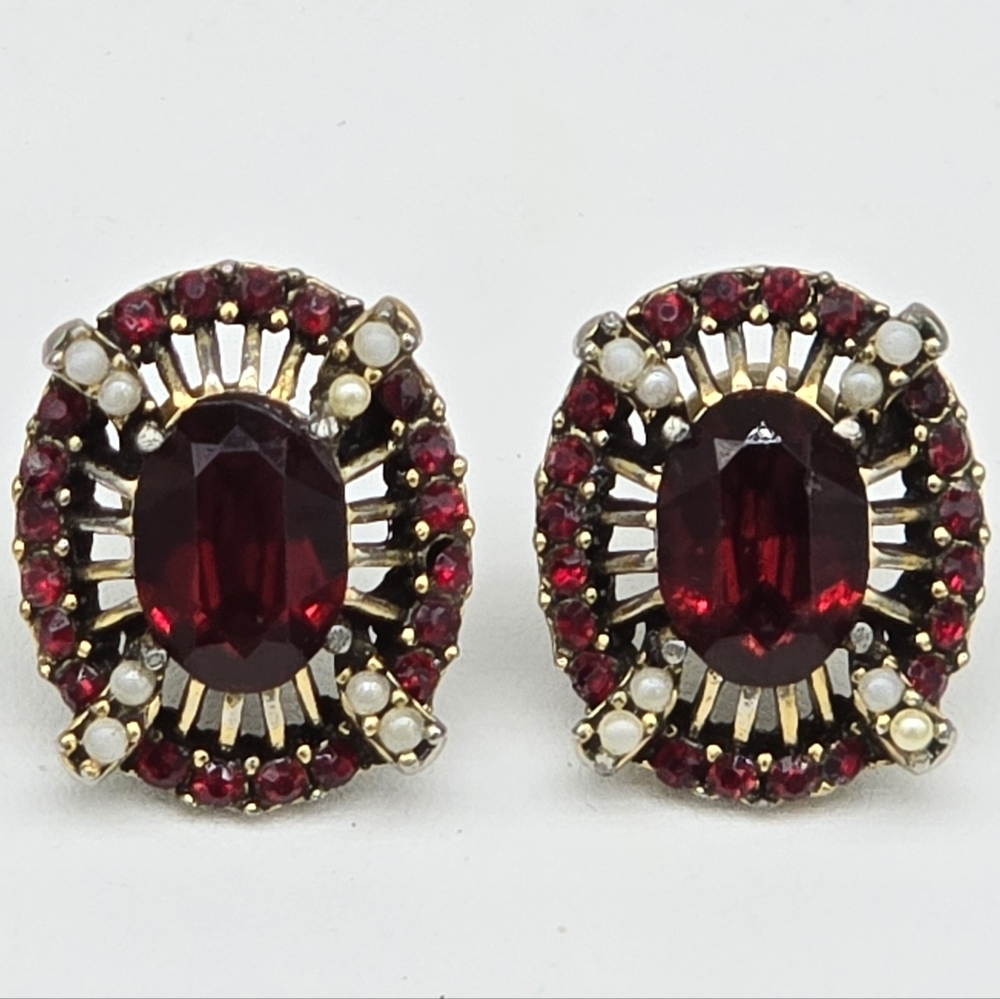 Hollycraft Red Rhinestone Earrings Signed 1953
